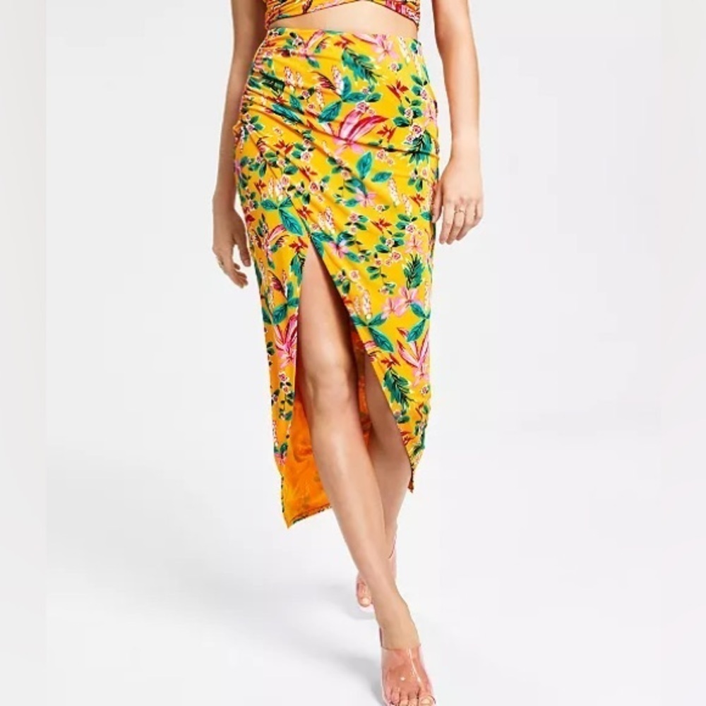 Bar III Tropical Floral Slinky Pull On Midi Skirt Slit Draped Yellow Bright XXSm